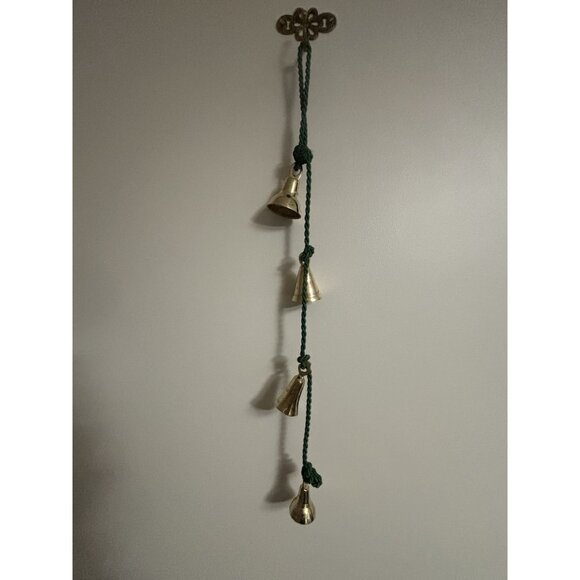 Vtg Graduated 4 Gold  Brass Bells Green Braided Rope Door Hanger Holiday - Picture 2 of 14